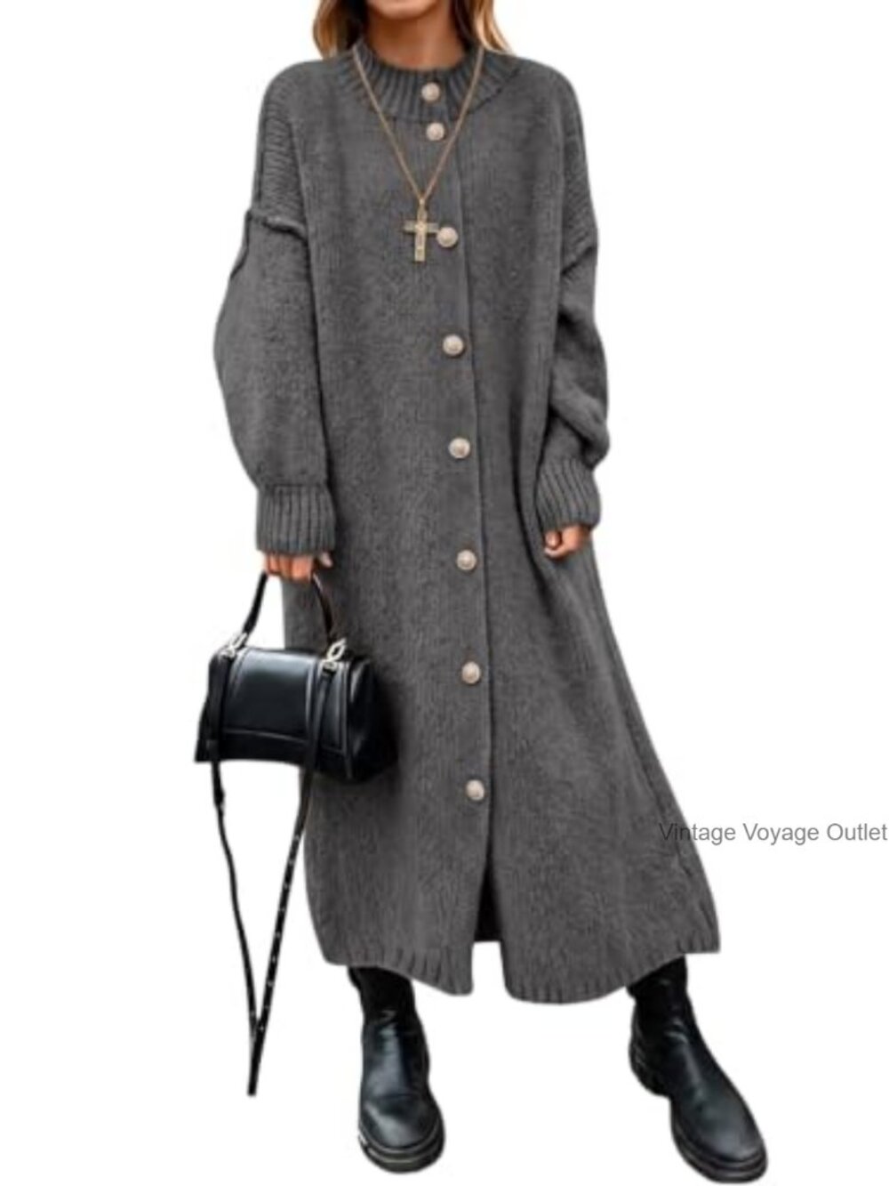 Wenrine Womens Oversized Midi Sweater Dress Button Down Long Sleeve Knit